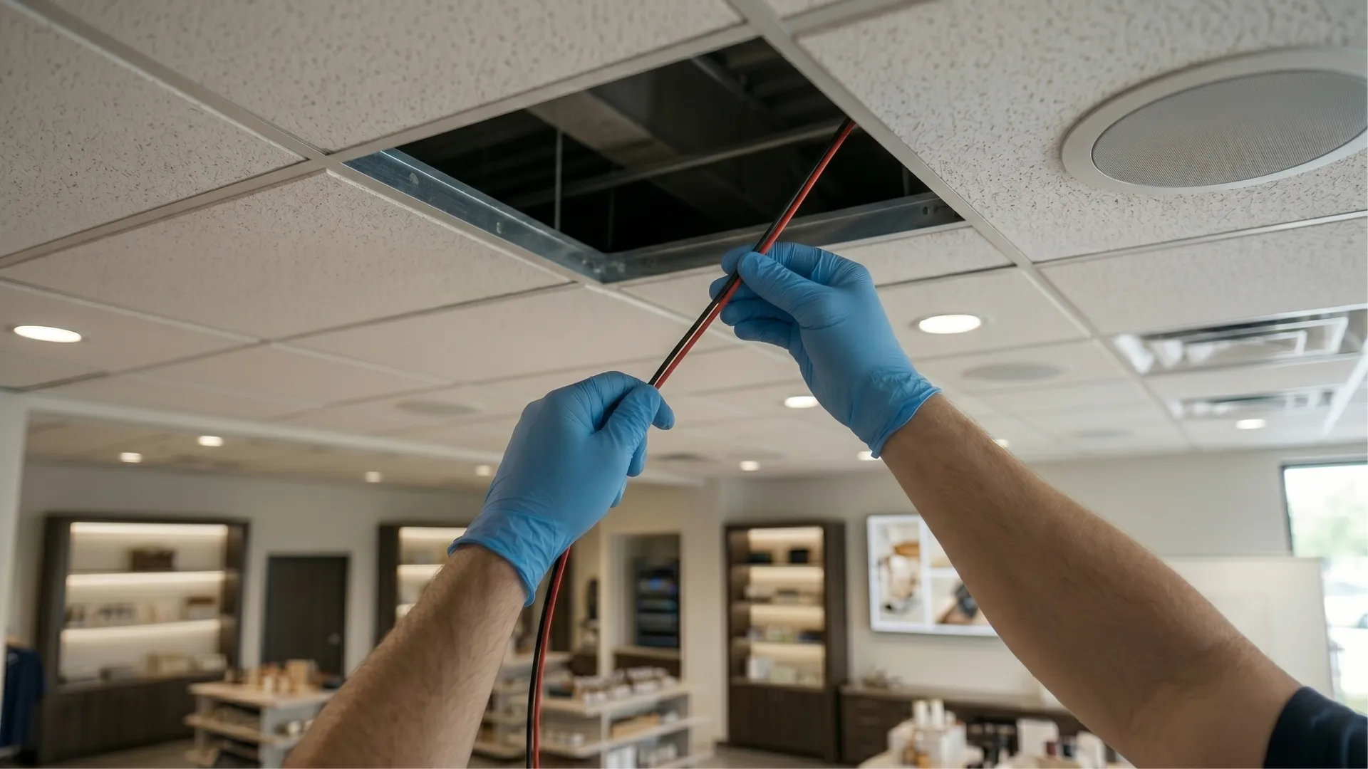 AV technician assessing a commercial space