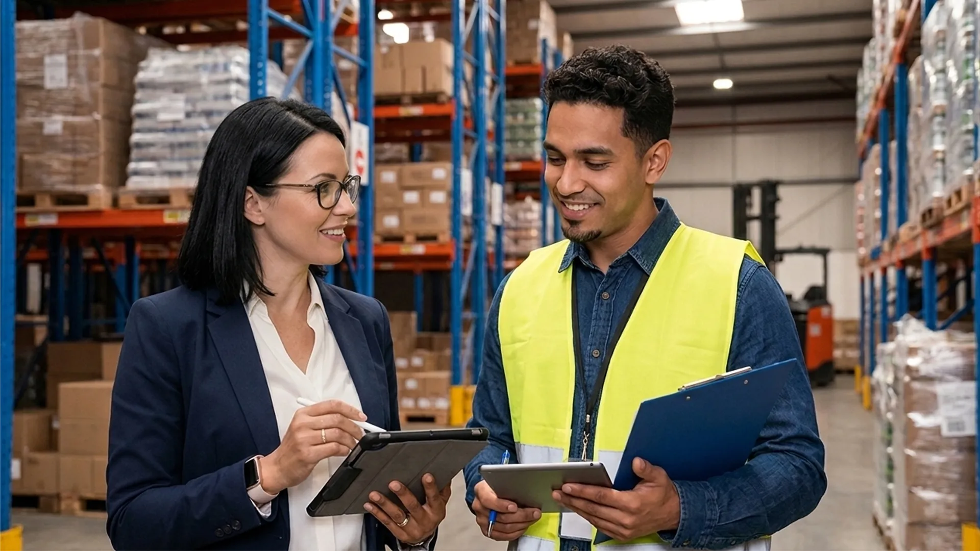 Warehouse team reviewing connected systems on tablets