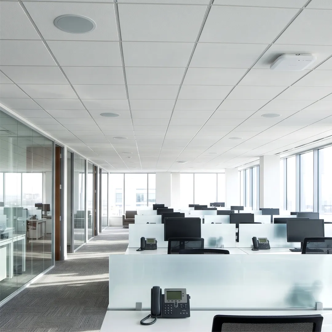 Modern office with networked phones and AV ceiling speakers