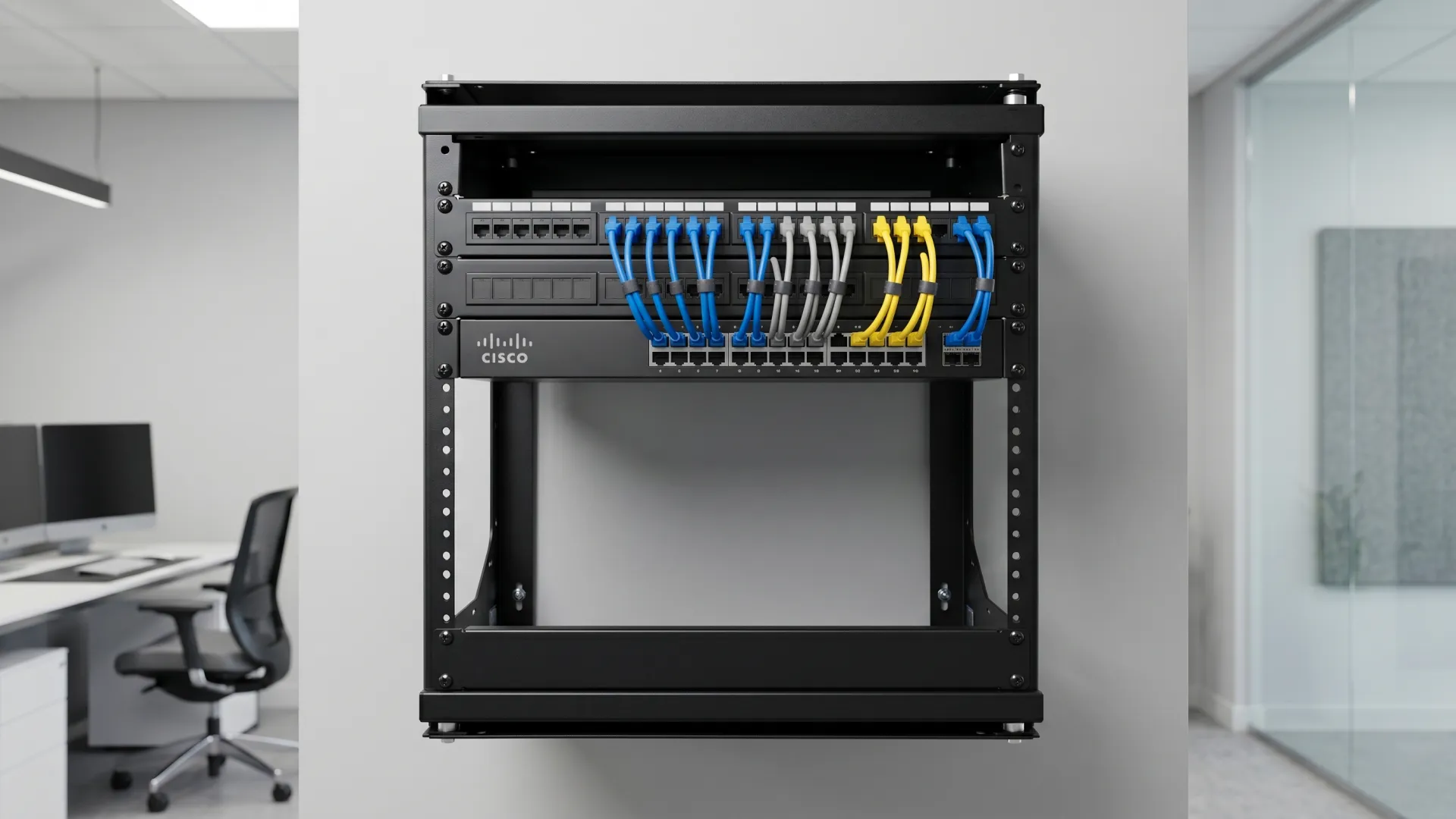 Clean wall-mounted office network rack installation