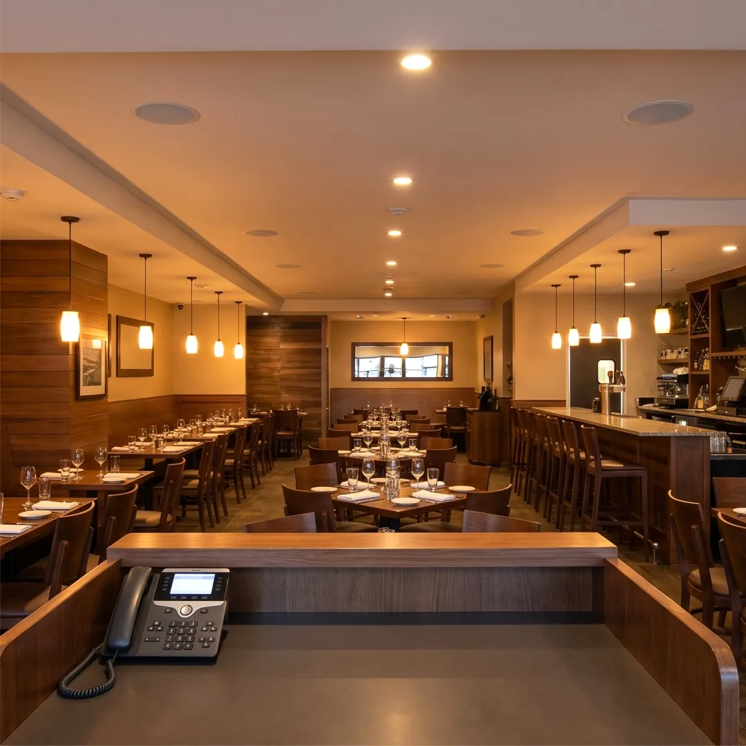 Restaurant dining room with audio and POS systems