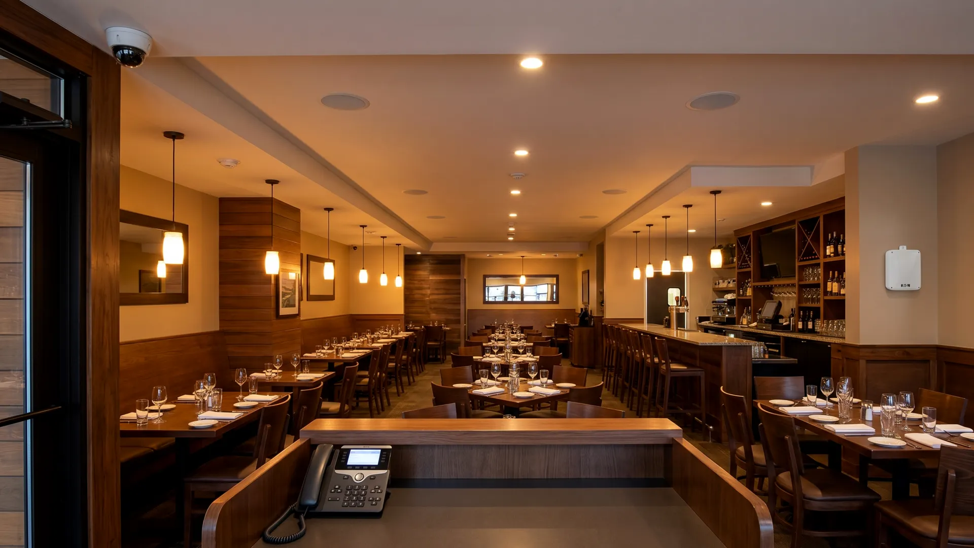 Restaurant ceiling speakers and tech setup