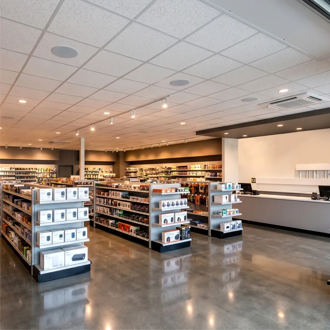 Retail store interior with POS and tech systems