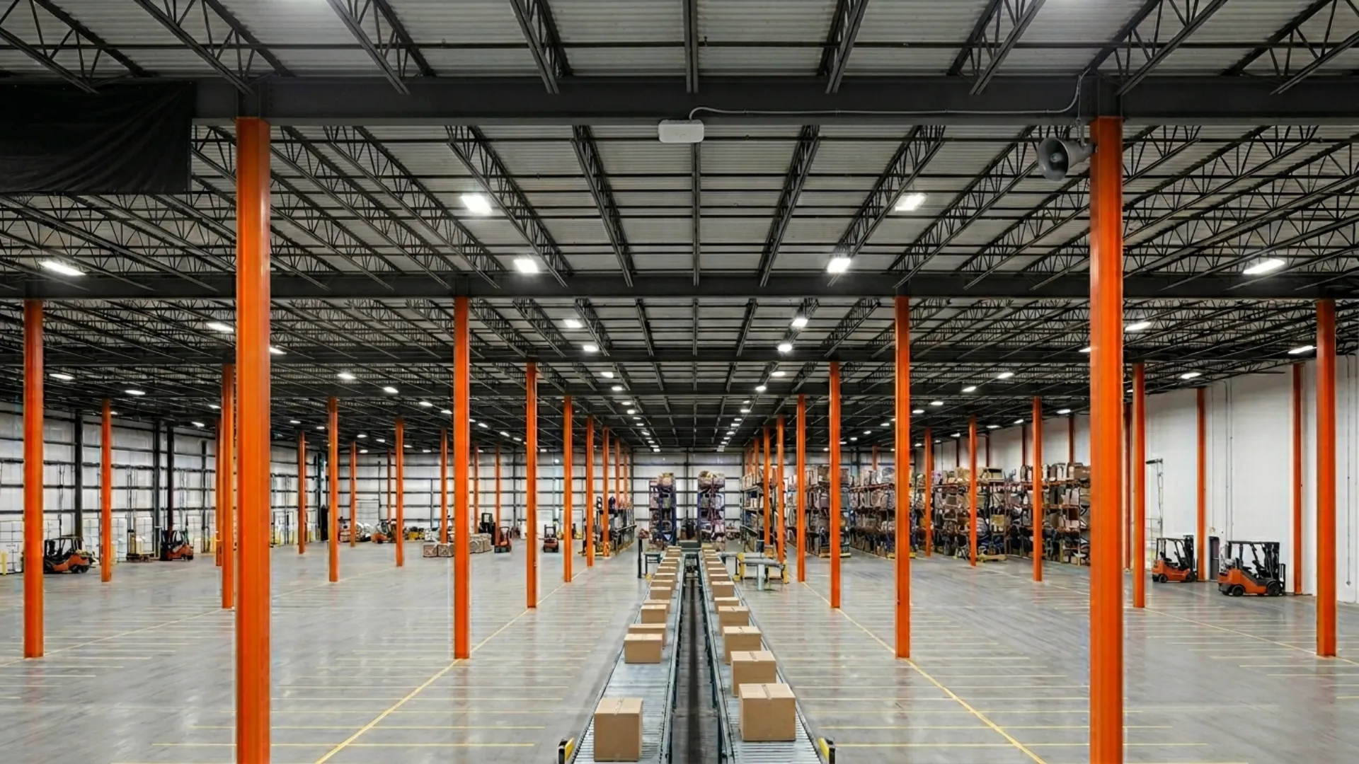 Warehouse floor with overhead cameras and network coverage